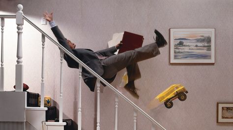 Reading “Careful” may make you want to stay in—but, in fact, fifty per cent of all fatal accidents happen at home. Falling Down, Getty Images, Stairs, Stock Photos, Reading