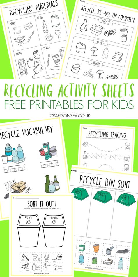 Recycling Activity Sheets for Kids (FREE Printables) Recycling Anchor Chart, Reduce Reuse Recycle Activities, Recycle Printable, Recycle Preschool, Recycling Activities For Kids, Recycling Lessons, Sustainability Activities, Earth Day Worksheets, Prek Activities