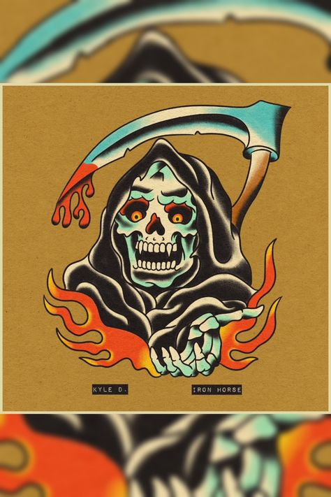 Traditional Reaper Tattoo Flash, Trad Reaper Tattoo, Grim Reaper Traditional Tattoo, Grim Reaper Tattoo Traditional, Grim Reaper Skull Tattoo, Reaper Skull Tattoo, American Traditional Grim Reaper, Grimm Reaper Tattoo, Traditional Reaper Tattoo