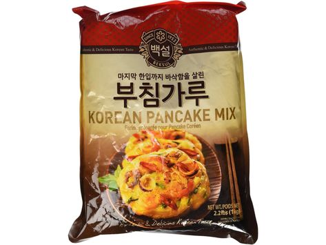 Korean Pancake Mix Buchimgaru | Saveur Kimchi Pancake Recipe, Mix Korean, Korean Pancake Mix, Sticky Chicken Recipe, Kimchi Pancake, Pancake Mix Recipe, Korean Pancake, Korean Snacks, Savory Pancakes