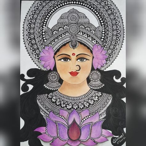 Mandala Artwork of Goddess Lakshmi Drawing Of Goddess, Lakshmi Devi Images, Durga Face, Cartoon Art Prints, Mandala Art Design, Lotus Drawing, Drawing Mandala, Devi Images, Goddess Laxmi