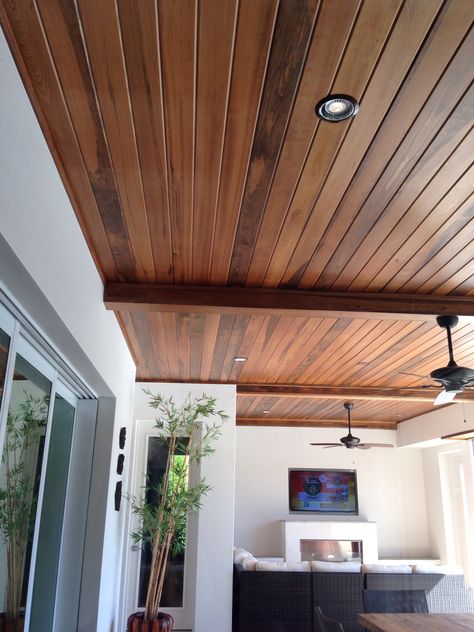 Wood ceiling Wood On Patio Ceiling, Outdoor Patio Wood Ceilings, Stained Pine Ceiling Outdoor, Cedar Plank Ceiling Porch, Home Office Lighting Ceiling, Pine Patio Ceiling, Shed Homes Interior, Brown Ceiling, Garden Shed Interiors