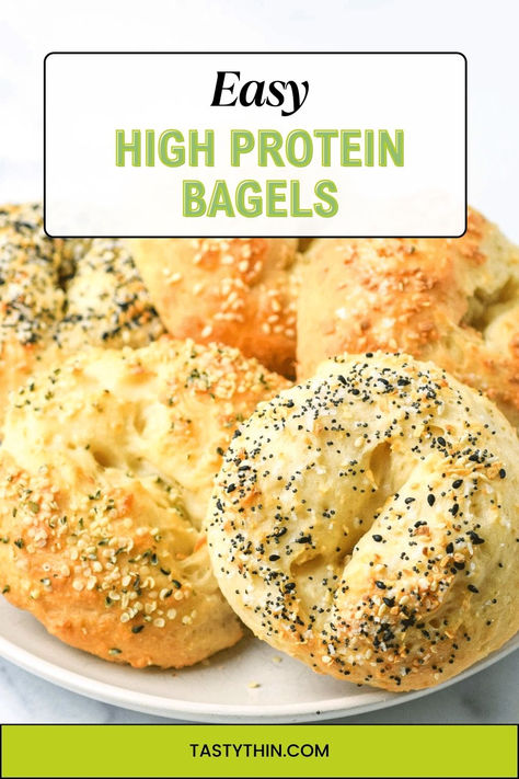 High Protein Bagels (Easy Recipe!) - with 9 grams of protein per bagel, these Homemade Protein Bagels are soft and chewy, easy to make, and a great choice for a healthy breakfast option! | tastythin.com High Protein Bagels, Bagels Easy, Protein Bagels, Protein Mix, A Healthy Breakfast, Bagel Recipe, Bun Recipe, Quick Breads, Breakfast Options