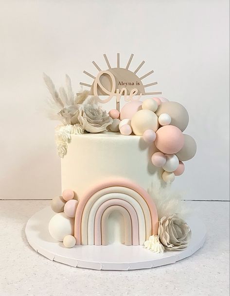 Boho One Year Old Birthday Cake, Boho Rainbow Cake Pops, Cake Ideas For 1 Year Girl, 1 Compleanno Baby Girl, Boho Theme Cake Birthday, 1year Birthday Cake, Rainbow Pink Cake, Onderful Girl Birthday Cake, Isn't She Onederful Birthday Cake