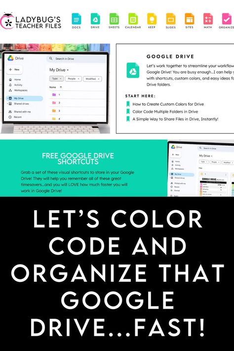 Easy ways to organize your Google Drive with color coding, shortcuts, and more! Head to this growing page of ideas to get started... Organize Google Drive, Coding Shortcuts, Google Calendar Ideas, Google Drive Organization, Google Hacks, Classroom Organization Elementary, Computer Lessons, Google Tools, Teacher Tech