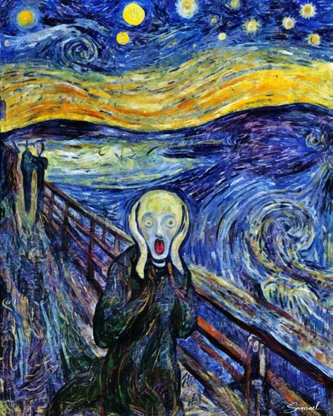 «Starry Scream» - Fun experiment: painting Edvard Munch’s "Scream" in the style of Vincent van Gogh’s "Starry Night". #digitalpainting #digitalart #digitalartist #munch #vangogh #scream #starrynight #mashup #art #artprint #samaelfinearts Vincent Van Gogh Scream, Van Gogh Scream, Edvard Munch Paintings, The Scream Edvard Munch, The Scream Painting, Art Vincent Van Gogh, Scream Painting, Art 2024, Classic Art Prints