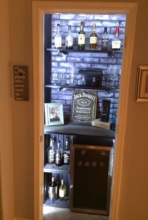 Hall closet turned into a bar Hallway Bar Ideas, Liquor Closet Ideas, Small Closet Bar Ideas, Bar Closet Ideas, Closet To Bar Conversion, Closet Into Bar, Small Speakeasy Room Ideas, Closet Turned Into Bar, Bar In Closet