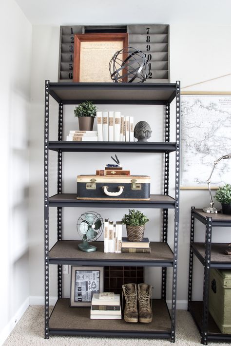 Office Progress - Industrial Shelving | blesserhouse.com Industrial Interior Living Room, Industrial Bathroom Decor, Industrial Shelves, Diy Industrial Furniture, Loft Designs, Industrial Style Decor, Bedroom Minimalist, Urban Decor, Vintage Industrial Decor