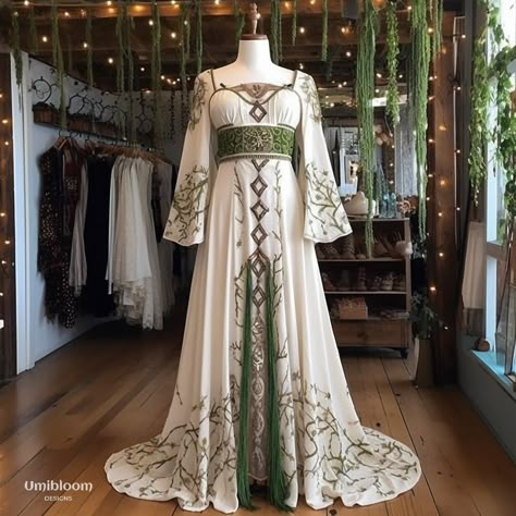 Elven fairy dress made for inspiration with ai #elvendress #fairydress #forestcore #forestwedding #celtic #weddingdress Forestcore Wedding Dress, Elvin Dresses, Celtic Inspired Outfits, Unibloom Dress, Medieval Dress Design, Queen Wedding Dress Medieval, Elven Dress Gowns, Celtic Gown, Druid Dress