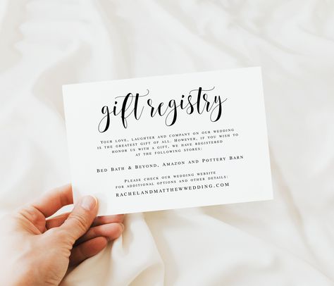 "This Gift registry card is a digital editable template, using Templett.com. Edit right in your web browser. It features a unique typography and contemporary style. This charming Registry card insert will be the perfect touch for your Wedding, Rehearsal dinner, Engagement party, Vow Renewal, Bridal Shower, Bachelorette Party or other event. You will receive an access link within minutes after purchase to your email. Make your edits (wording, font, background color etc.), download and print at home or with a print shop/copy center/photo lab. Please try a free demo before purchase! ✅FULLY CUSTOMIZABLE TEXT, INCLUDING COLOR, SIZE AND STYLE ✅NO SOFTWARE TO INSTALL ✅NO FONTS TO DOWNLOAD ⬇️TRY THE DEMO BEFORE PURCHASE 🆓️FREE DEMO🆓️ TRY IT BEFORE YOU BUY IT Copy and paste this url into your web Font Background, Unique Typography, Card Templates Printable, Wedding Enclosure Cards, Wedding Rehearsal Dinner, Wedding Rehearsal, Wedding Registry, Wedding Announcements, Vow Renewal