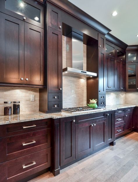 Dark Brown Kitchen Cabinets, Diy Kitchen Cupboards, Dark Brown Kitchen, Espresso Kitchen Cabinets, Refrigerator Panels, Espresso Kitchen, Brown Kitchen Cabinets, Dark Wood Kitchens, Shaker Style Cabinets