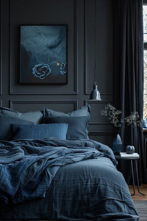 Black And Navy Blue Bedroom, Moody Bedroom Blue, Dark Moody Bedroom Color Palettes, Navy And Black Bedroom, Dark Blue Moody Bedroom, Black And Navy Bedroom, Black Blue Bedroom, Deep Blue Room, Blue Moody Bedroom