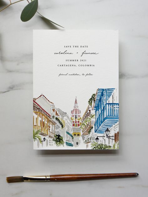 Colombia Wedding Invitation, Cartagena Save The Date, Colorful Wedding Save The Dates, Painted Wedding Invites, Italy Save The Date Ideas, Mexico City Wedding Invitations, Travel Inspired Wedding Invitations, Wedding Invitations Painted, Painted Save The Date