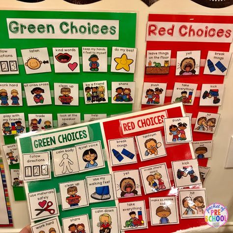 Green and red choice behavior management techniques (posters, songs, individual choice boards, class books, and children's books to support) perfect for preschool, pre-k, and kindergarten Red Green Choices Preschool, Red Choice Green Choice Preschool, Green Choices Red Choices, Green And Red Choices Printable, Red And Green Choices Preschool, Red Choices And Green Choices Free, Red And Green Choices Free Printable, Green Choices Red Choices Printable Free, Choice Boards Kindergarten