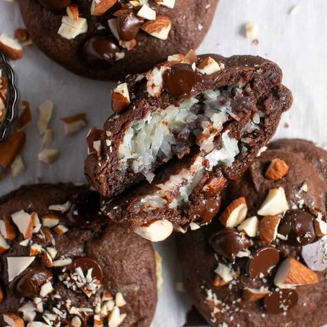 Easy Chocolate Coconut Almond Joy Cookie Recipe - The Little Holly That Could Almond Joy Cookie Recipe, Coconut Cookie Recipe, Coconut Sweetened Condensed Milk, Nut Free Desserts, Chocolate Coconut Cookies, Soft Chocolate Cookie, Chocolate Cherry Cookies, Coconut Cookie, Coconut Cookies Recipes