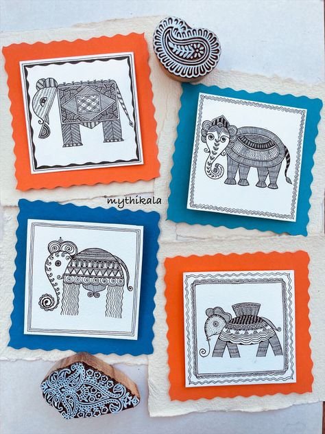 Godna elephant motifs Waterproof ink on 4” X 4” cold pressed paper #indianart #folkart #wallart Godna Art, Madhubani Motifs, Class Drawing, Gond Art, Pressed Paper, Madhubani Art, Indian Folk Art, Madhubani Painting, October 2