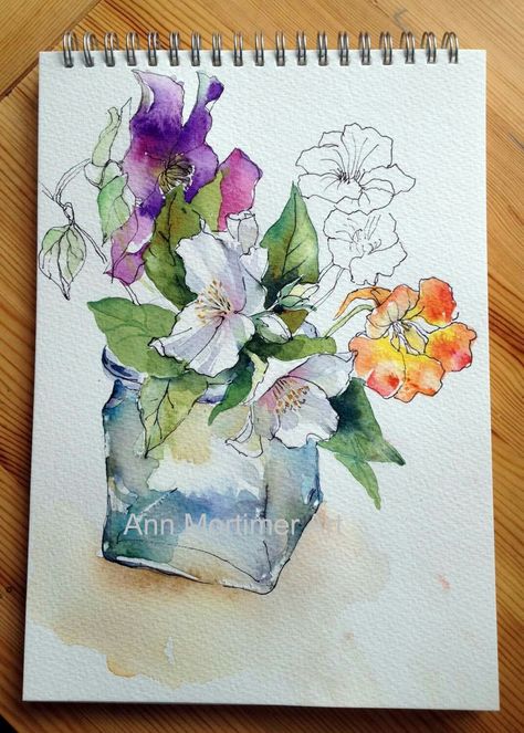 Line and Wash Flowers - Ann Mortimer Ann Mortimer Watercolors, Line And Wash Watercolor Sketches Flowers, Watercolour Line And Wash, Line And Wash Art, Line And Wash Watercolor Flowers, Ink And Wash Flowers, Line And Wash Flowers, Watercolor Line And Wash, Line And Wash Watercolor Sketches