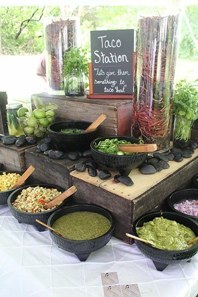 Taco Catering Ideas, Taco Party Table Display, Build Your Own Taco Bar Wedding, Tacos Set Up, Tacos Wedding Buffet, Taco Buffet Wedding Receptions, Mexican Grazing Table Wedding, Catering Display Mexican Food, Wedding Elote Bar