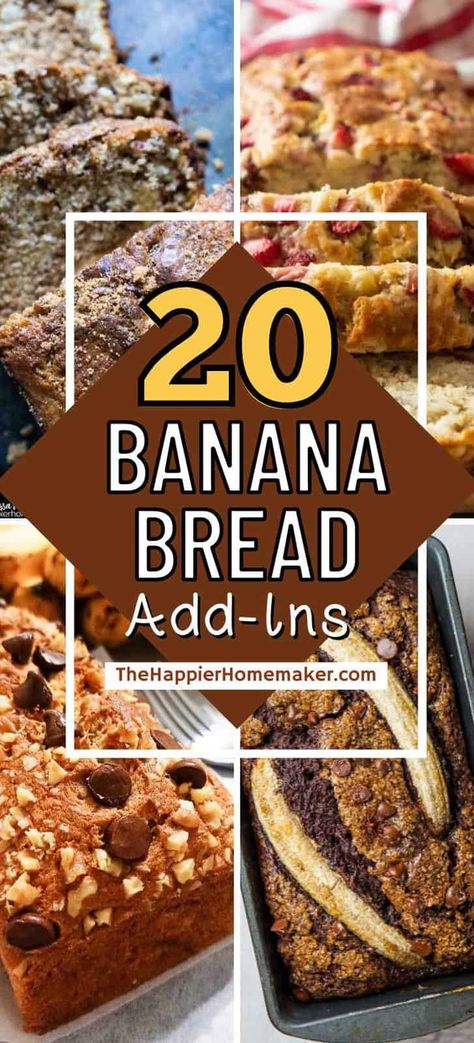 Wondering what to add to your basic banana bread? We are sharing 20 ideas to take your banana bread to the next level! Banana Bread Mix Ins, Banana Bread Mix Hacks, Banana Bread Mix Recipes, Banana Bread Variations Recipe, Different Types Of Banana Bread, Banana Bread Add Ins, Gourmet Banana Bread, Unique Banana Bread Recipes, Bread Flavor Ideas