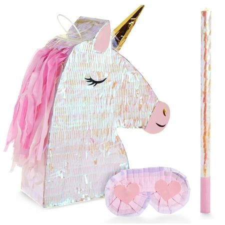 Item Description Increase your unicorn party decorations with this fun unicorn pinata set featuring a pinata stick and blindfold. Both children and adults of all ages will enjoy their shot at breaking open this large unicorn pinata for some tasty and fun pinata fillers! Bash the pinatas with a stick or rod to release the sweets and items tucked away inside for your guests to enjoy. The pinata is great for a birthday party or school celebration. The pinata measures 14 x 20 x 5 inches, and the sti Pinata Stick, Unicorn Pinata, Unicorn Birthday Party Decorations, Birthday Pinata, Pinata Fillers, Unicorn Themed Birthday Party, Girls Birthday Party Decorations, Rainbow Unicorn Birthday, Unicorn Party Decorations