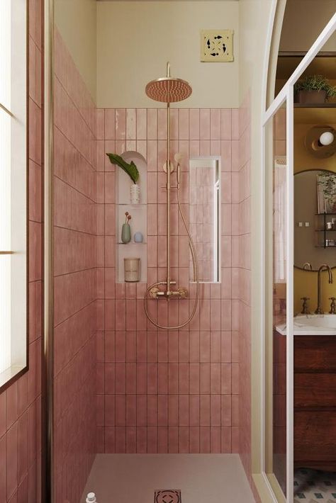 New York Bathroom Aesthetic, Pink Bathroom Inspiration, Pink Tiled Bathroom, Pink Tile Bathroom, Best Bathroom Paint Colors, Funky Prints, Dream Apartment Decor, Pink Tiles, Pink Bathroom