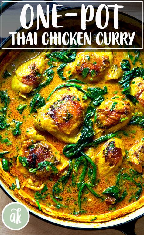 One-pan Thai chicken curry with coconut milk and spinach — what fall dinner dreams are made of. #thai #chicken #curry #onepan #coconut #spinach #easy #weeknight Thai Chicken Curry, One Pan Chicken, Coconut Milk Curry, Favorite Cookbooks, Thai Dishes, Thai Chicken, Green Curry, Curry Recipe, Chicken Curry