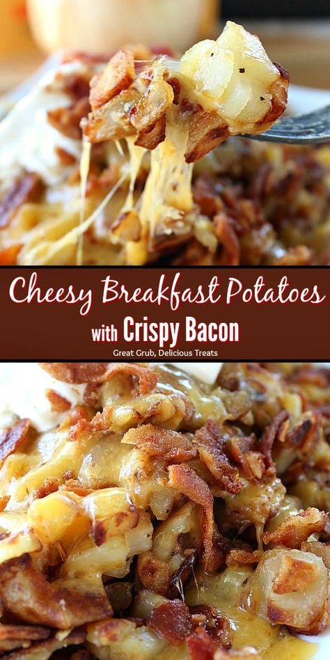 Cheesy Breakfast Potatoes with Crispy Bacon are perfect to add to the breakfast menu. They are loaded with cheese and crispy bacon then topped wth a dollop of sour cream. #breakfast #cheese #potatoes #bacon #greatgrubdelicioustreats Cheesy Breakfast Potatoes, Cheesy Breakfast, Potato Breakfast Recipes, Breakfast Sides Dishes, Breakfast Sides, Breakfast Appetizers, Bacon Breakfast, Breakfast Potatoes, Breakfast Menu