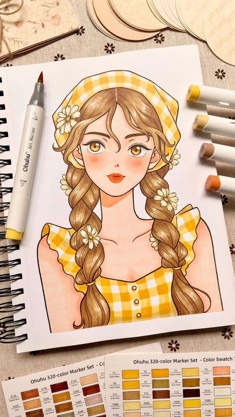 Bask in the golden glow of this enchanting countryside illustration by @im.meeco 🌼💫 Let the vibrant yellows of Ohuhu markers transport… | Instagram Arts With Brush Pen, Cute Cute Drawings, Drawing By Marker, Doodle Cute Art, Drawing From Brush Pen, Something Yellow Drawing, Marker Pen Art Drawing, Easy Painting Ideas Watercolors, Things To Draw With Brush Pens