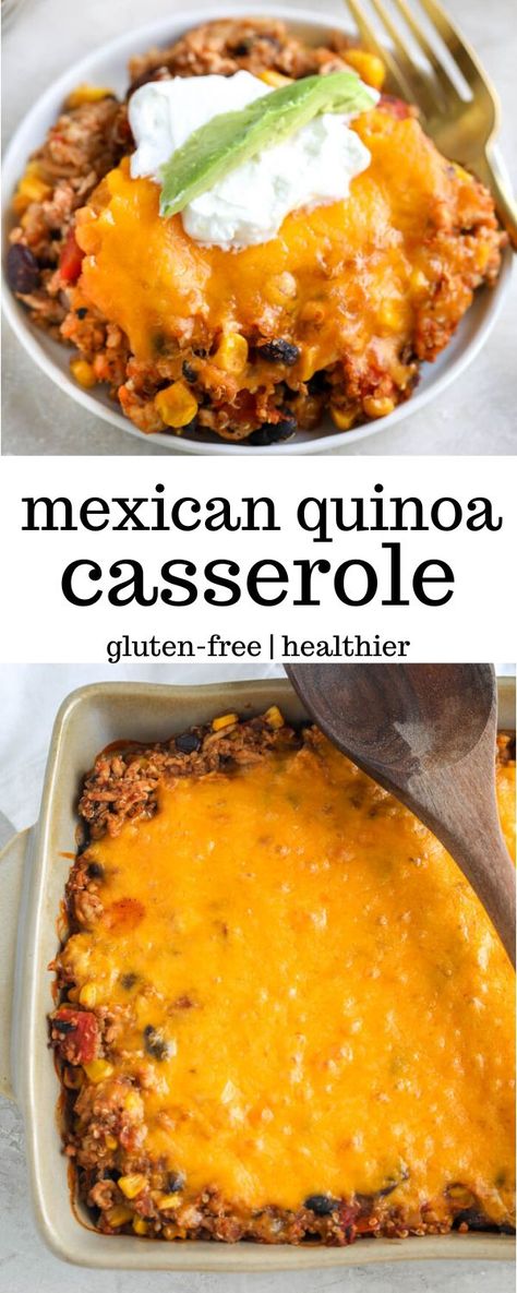 This healthy Mexican quinoa casserole is the perfect weeknight meal. It's protein packed with ground turkey, quinoa, and beans and makes great leftovers for the week! It's naturally gluten free, and can easily be made dairy-free and vegetarian or vegan! Ground Pork And Quinoa Recipes, Mexican Quinoa Casserole, Quinoa And Beans, College Cookbook, Potluck Meals, Turkey Quinoa, Mediterranean Dinner, Quinoa Recipes Healthy, Quinoa Casserole