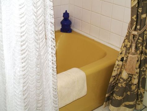 Mustard Yellow Tub and Toilet Updated Bathroom Yellow Tile Bathroom Ideas, Yellow Tile Bathroom, Vintage Yellow Bathroom, Bathroom Decor Yellow, Yellow Bathroom Tiles, Tub Bathroom Ideas, Toilet Remodel, Updated Bathroom, Tub Remodel