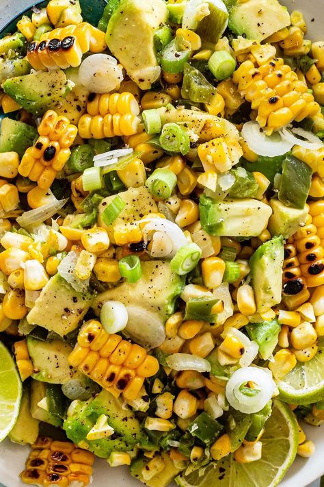 Ensalada de Elote Asado (grilled corn salad) Elotes Corn Salad, Corn Elote Salad, Elote Salad Mexican Style, Elote Corn Salad, Creamy Corn Salad, Elote Salad, Roasted Corn Salad, Guacamole Salad, Elote Corn