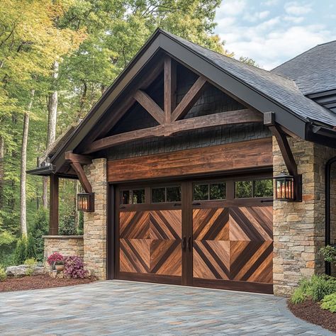 a distinctive chevron pattern on its wooden garage door, made from rich, dark-stained cedar planks Black Garage Door Brick House, Door Makeover Ideas, Wooden Garage Door, Cedar Garage Door, Unique Garage Doors, Home Exterior Ideas, Stained Cedar, Wooden Garage Doors, Wood Garage Doors