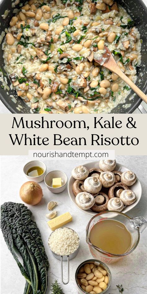 A finished pan of mushroom, kale and white bean risotto, and an ingredient flat lay featuring vegetables, rice, stock and beans. White Bean Risotto, Kale Risotto, Protein Risotto, Kale Risotto Recipes, White Bean, Creamy Vegan Risotto, Mushroom Kale, Kale And Mushroom, High Protein Vegan Risotto