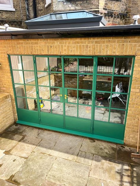 Green Crittall Windows, Doors and Screen Coloured Crittal Doors, Green Crittal Doors, Crittal Style French Doors Uk, French Doors Color Ideas, White Crittal Doors, Crittle Windows, Crittle Doors, Green French Doors, Crittal Doors Extension