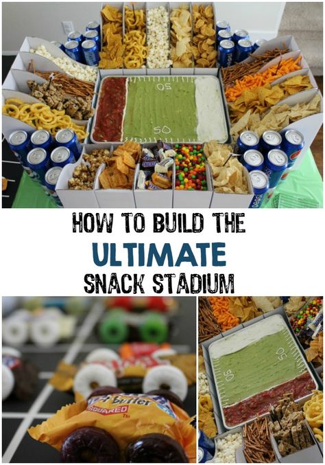 How to Build the Ultimate Snack Stadium // Life Anchored #GameDayGlory ad Football Field Food Display, Football Stadium Food, Football Food Stadium, Super Bowl Food Stadium, Football Themed Food, Snack Stadium, Football Appetizers, Game Day Recipes, Football Party Foods