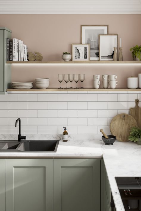 Green Kitchen Cabinets Pink Walls, Kitchen With Coloured Walls, Sage Green Kitchen Floor Tiles, Best Colours For Small Kitchens, Sage And Pink Home Decor, Green Kitchen With Pink Accents, Olive Green Kitchen Diner, Green Kitchen Pink Walls, Pale Kitchen Ideas