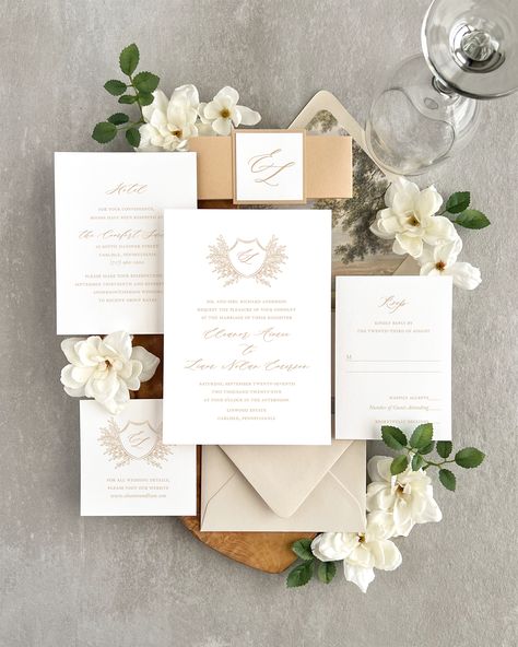 Welcome to Blonde & Brindle Design Co.! Where you’ll find exquisite wedding invitations featuring hand drawn crests and vintage fine art details. Our wedding invitations characterized with timeless neutral hues and unique designs will set you apart from the rest and guarantee a stunning look for your special occasion. #weddingcrest #fineartwedding #weddinginvitations #neutralcolorpalette Golden Wedding Invitations, Crest Invitation, Cream Wedding Invitations, Elegant And Timeless Wedding, Timeless Wedding Invitations, Minimal Wedding Invitation, Wedding Crest, Monogram Wedding Invitations, Art Details