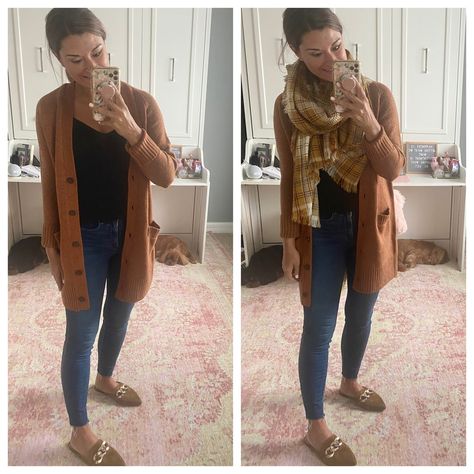 How to style a rust cardigan - Size down in the cardigan. Wearing XS. Everything else is true to size. Wearing a small in the cami and 4/27 in the jeans. Size up half a size if in between in the mules. #justpostedblog #ShopStyle #shopthelook #MyShopStyle #OOTD #LooksChallenge #ContributingEditor #Lifestyle Open Cardigan Outfit, Open Front Cardigan Outfit, Rust Cardigan, Nordstrom Outfit, Brown Cardigan Sweater, Sweater With Pockets, Brown Cardigan, Open Front Sweater, Button Front Cardigan