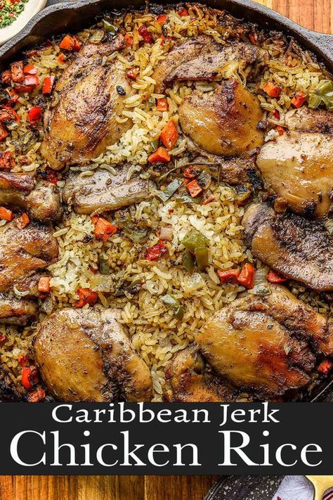 Learn how to make this unbelievably delicious Caribbean jerk Chicken and Rice recipe that's flavorful, and make an easy one-pot meal that is perfect for meal prep. Jerk Chicken And Rice, Caribbean Chicken, Chicken And Rice Recipe, Jamaican Cuisine, Jamaican Dishes, Easy One Pot Meals, Jerk Chicken, Jamaican Recipes, Chicken And Rice