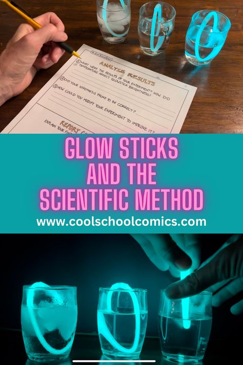 This is an image of the glow stick experiment. I use it on the first day of school to help review the scientific method. Scientific Method Middle School, Scientific Method Experiments, Scientific Method Activities, School Science Experiments, The Scientific Method, 7th Grade Science, 8th Grade Science, Science Club, 4th Grade Science