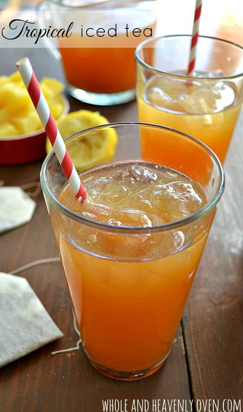 Perfectly sweet ‘n’ tangy and loaded with tropical fruit flavor, this easy iced tea is the ultimate summer thirst quencher! | wholeandheavenlyoven.com Easy Iced Tea, Sweet Tea Recipes, Drink Healthy, Iced Tea Recipes, Tea Tasting, Fruit Tea, Fruit Drinks, Caribbean Recipes, Flavored Tea