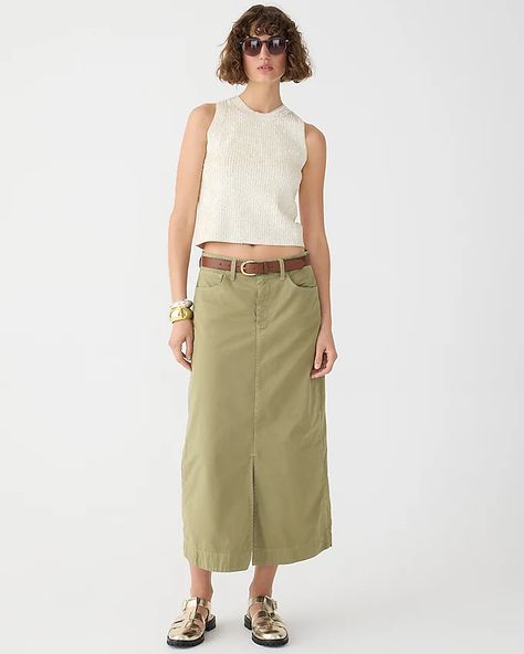 J.Crew: Midi Chino Skirt For Women Collarless Denim Jacket, Trouser Skirt, Cindy Hattersley, Chino Skirt, Blue Suit Jacket, Time Of The Month, Column Skirt, Long Denim Skirt, Houndstooth Jacket