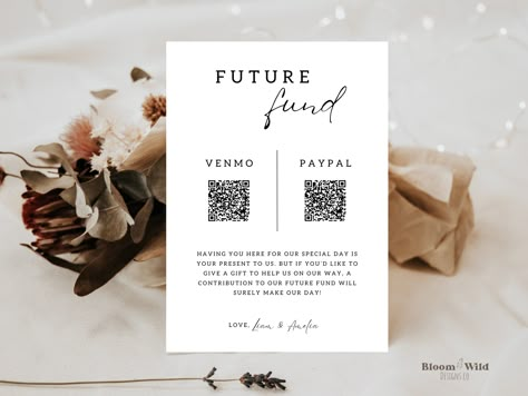 This simple, elegant Future Fund QR Code Sign is a perfect way to give your guests an option to donate to your newlywed journey for a new home or honeymoon.    After you place your order, you will receive an email from Etsy with a link to access your fully editable templates, where you can customize all your own details through Canva!  *Please note you will NOT receive any physical items in the mail. This listing is for a digital download.* --------------------------- YOU WILL RECEIVE --------------------------- * * * Event Template * * * * 2 Sizes Included  - 5x7 in  - 8x10 in * Canva Editing Tips and Video Tutorial * PDF on how to create a QR code in Canva ------------------------- MATCHING ITEMS ------------------------- https://www.etsy.com/shop/BloomWildDesignsCo?ref=seller-platform-m Honeymoon Fund Wording, Wedding Fund, Qr Codes, Honeymoon Fund, Event Template, You Used Me, Wishing Well, Wedding Invitation Suite, Print Store