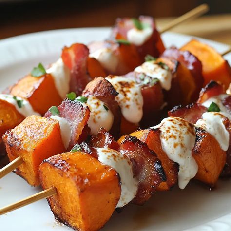 Candied Sweet Potato & Bacon Skewers – PHUIIS BLOG Sweet Potato And Bacon Skewers, Sweet Potato Bacon Skewers, Sweet Potato Tater Tot Recipes, Skewer Potato Recipes, Candied Sweet Potato And Bacon Skewers, Thanksgiving Skewer Appetizers, Sweet Potato Skewers, Sweet Potato Finger Food, Thanksgiving Skewers