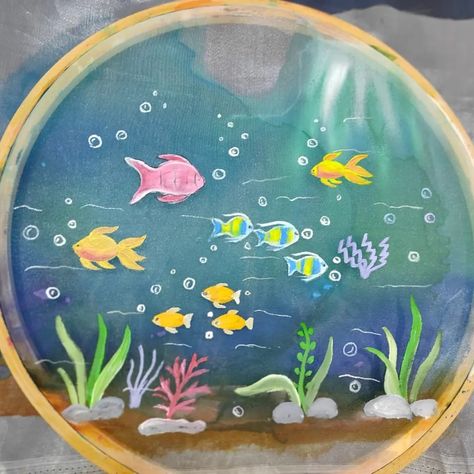 Under water ocean fish aquarium theme painting on organza frock Fish Tank Art Painting, Fish Aquarium Painting, Aquarium Painting Ideas, Aquarium Painting Acrylic, Fish Bowl Painting, Fish Tank Painting, Fish Tank Art, Fish Tank Drawing, Aquarium Painting