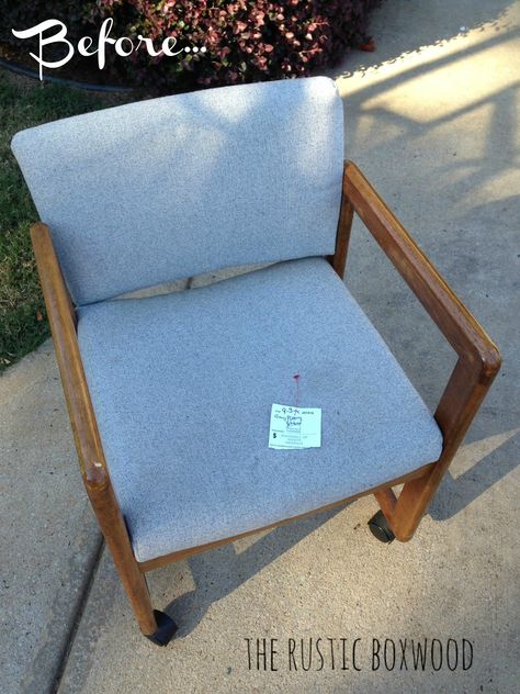 See how this outdated chair got a fun makeover! | The Rustic Boxwood | DIY, office chair, goodwill, before and after, projects, tutorial, makeover, tutorial How To Reupholster An Office Chair, Chair Update Diy, Reupholster Office Chair Diy, Reupholster Desk Chair, Old Office Chair Makeover, Waiting Room Chair Makeover, Office Chair Redo, Diy Office Chair, Chair Upcycle