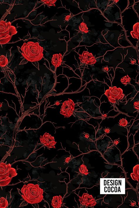 Red Rose Lineart chinoiserie Seamless Pattern Design Gothic Design Pattern, Gothic Rose Wallpaper, Rose Thorn Aesthetic, Roses Black Background, Gothic Background, Dark Souls Wallpaper, Rose Line Art, February Wallpaper, Fancy Pattern