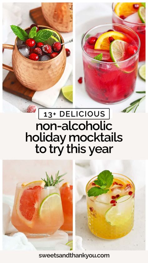 Looking for non-alcoholic Christmas drinks to serve this season? These holiday & Christmas mocktail recipes are perfect for kids & grown-ups! Choose from refreshing holiday mocktails like Non-alcoholic moscow mules and Cranberry Lime spriters to kid-friendly Christmas drinks like Shirley Temples & Mint Limeade. There's a festive Christmas drink for everyone! Mocktails Non Alcoholic For Winter, Easy Mocktails For Party, Mocktails Non Alcoholic At Bar, Moscow Mule Non Alcoholic, White Christmas Mocktails Non Alcoholic, Nonalcoholic Drinks For A Crowd, Mocktail With Basil, No Alcoholic Christmas Drinks, Cranberry Pineapple Mocktail