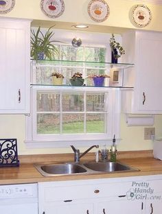 Shelves In Front Of Kitchen Window, Stone Tile Backsplash Kitchen, Kitchen Window Shelf, Kitchen Window Decor Ideas, Kitchen Window Shelves, Window Decor Ideas, Kitchen Window Decor, Kitchen Layouts With Island, Window Shelf