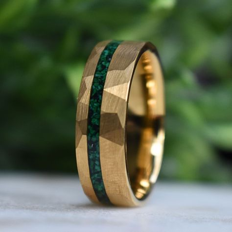 Tungsten 8mm Hammered Gold Ring With Malachite Inlay - Etsy Meaningful Rings, Hammered Gold Ring, Blue Chocolate, S Ring, Wish Upon A Star, Hammered Gold, Ring Watch, Tungsten Ring, Rings Gold